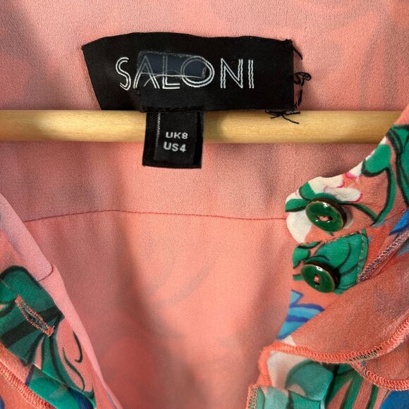 Saloni Shirt Dress Tilly 100% Silk Pink Floral Button Up Ruffle Sleeveless SZ4 - Picture 8 of 13
